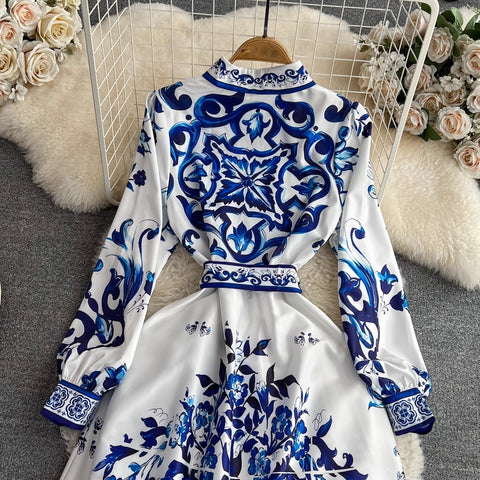 New Porcelain Single-Breasted Belt Elegant Long Dress CODE: KAR4067