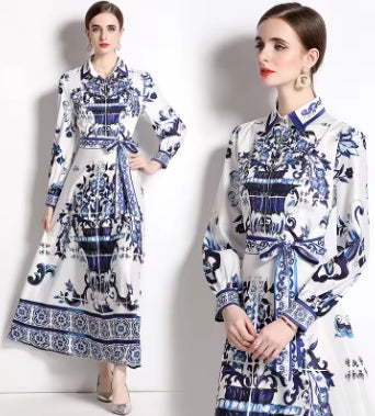 New Porcelain Single-Breasted Belt Elegant Long Dress CODE: KAR4067