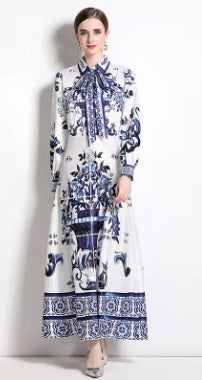 New Porcelain Single-Breasted Belt Elegant Long Dress CODE: KAR4067