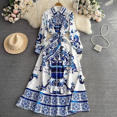 New Porcelain Single-Breasted Belt Elegant Long Dress CODE: KAR4067