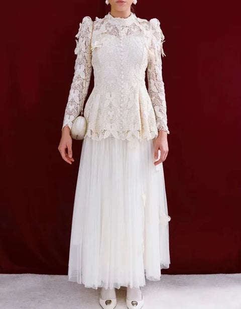 New Stand Collar Long Sleeve Top And Appliques Skirt Chic Set CODE: KAR4073