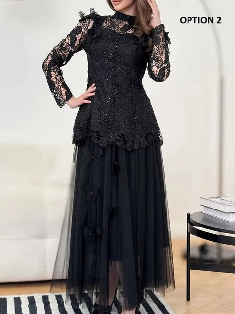 New Stand Collar Long Sleeve Top And Appliques Skirt Chic Set CODE: KAR4073