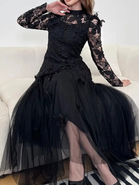 New Stand Collar Long Sleeve Top And Appliques Skirt Chic Set CODE: KAR4073