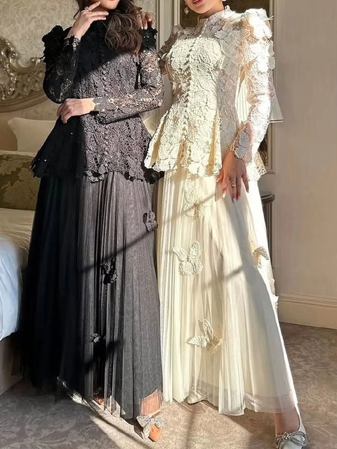 New Stand Collar Long Sleeve Top And Appliques Skirt Chic Set CODE: KAR4073