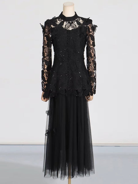 New Stand Collar Long Sleeve Top And Appliques Skirt Chic Set CODE: KAR4073