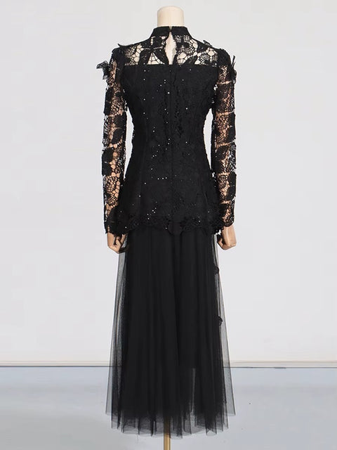 New Stand Collar Long Sleeve Top And Appliques Skirt Chic Set CODE: KAR4073