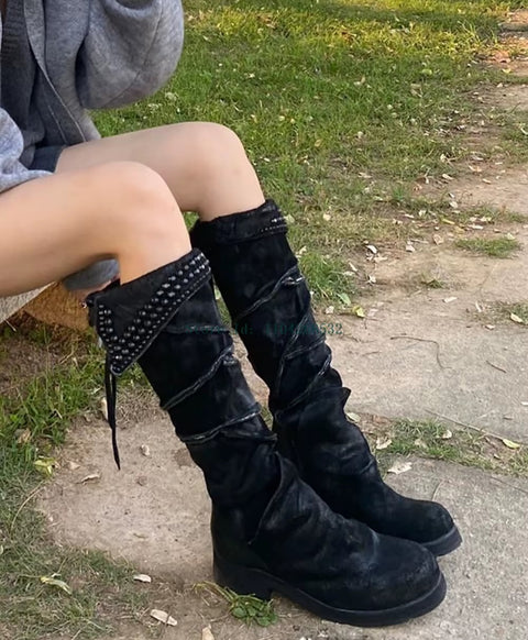 New Arrivals Rivet Tassel Knee High Round Toe Square Heel Boots CODE: KAR4078