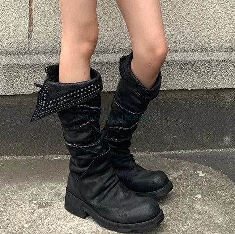 New Arrivals Rivet Tassel Knee High Round Toe Square Heel Boots CODE: KAR4078