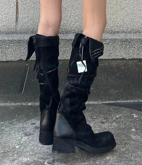 New Arrivals Rivet Tassel Knee High Round Toe Square Heel Boots CODE: KAR4078