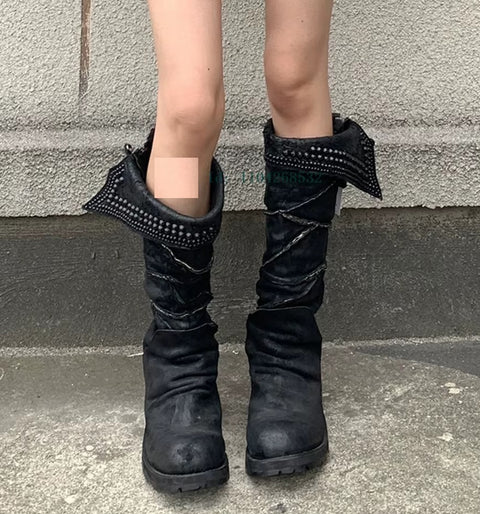 New Arrivals Rivet Tassel Knee High Round Toe Square Heel Boots CODE: KAR4078