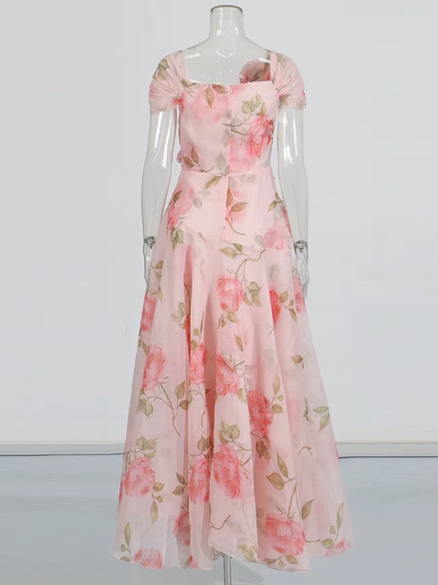 New Neck Off Shoulder Sleeve High Waist Print Long Dress CODE: KAR4080