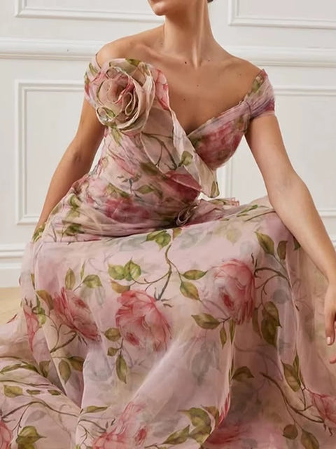 New Neck Off Shoulder Sleeve High Waist Print Long Dress CODE: KAR4080