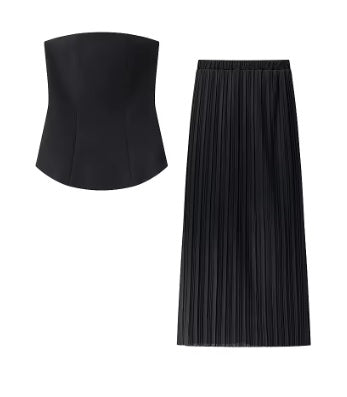 New Casual Simple Waist-Cinched Crop Top + High Waist Pleated Skirt Two-Piece Set CODE: KAR4081