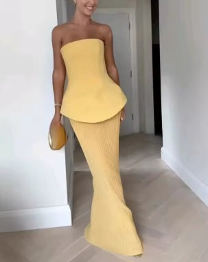 New Casual Simple Waist-Cinched Crop Top + High Waist Pleated Skirt Two-Piece Set CODE: KAR4081