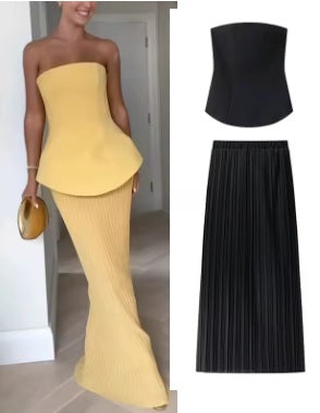 New Casual Simple Waist-Cinched Crop Top + High Waist Pleated Skirt Two-Piece Set CODE: KAR4081