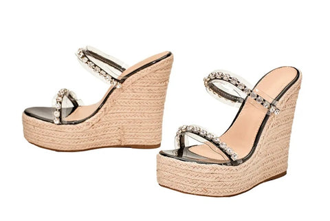New Fashion Transparent Wedge Straw Rope Weave Thick Bottom Platform Sandals CODE: KAR4095