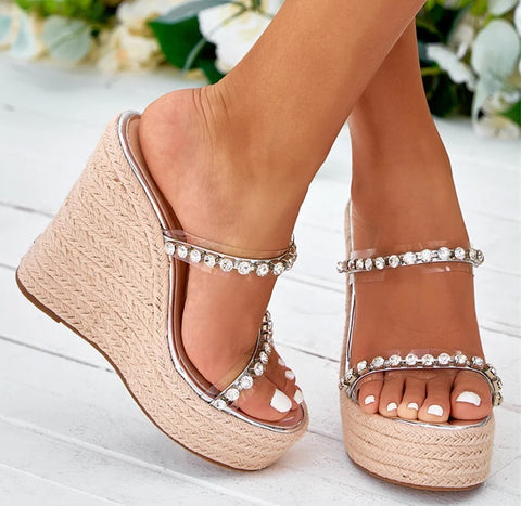 New Fashion Transparent Wedge Straw Rope Weave Thick Bottom Platform Sandals CODE: KAR4095