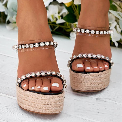 New Fashion Transparent Wedge Straw Rope Weave Thick Bottom Platform Sandals CODE: KAR4095