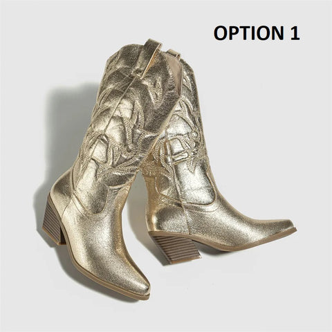 New Fashionable Embroidery Chunky Heel Middle Boots CODE: KAR4097