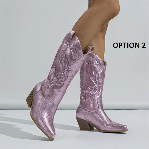 New Fashionable Embroidery Chunky Heel Middle Boots CODE: KAR4097