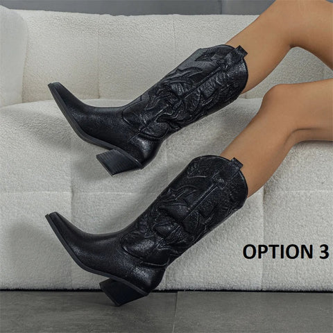 New Fashionable Embroidery Chunky Heel Middle Boots CODE: KAR4097