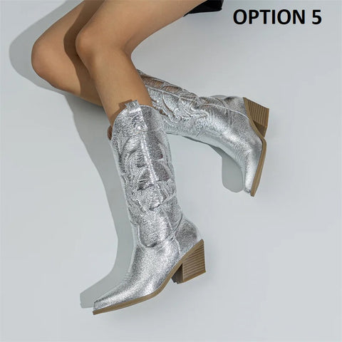 New Fashionable Embroidery Chunky Heel Middle Boots CODE: KAR4097