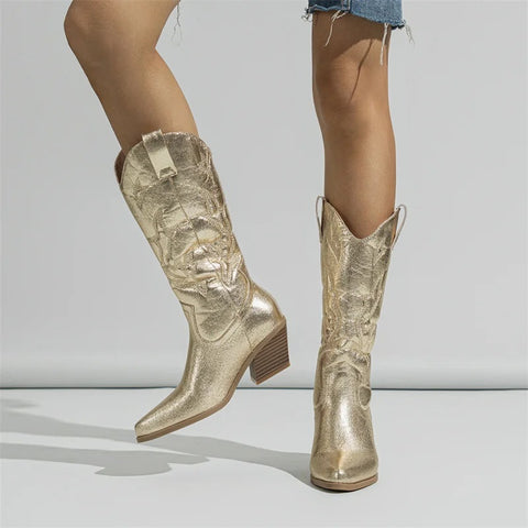 New Fashionable Embroidery Chunky Heel Middle Boots CODE: KAR4097