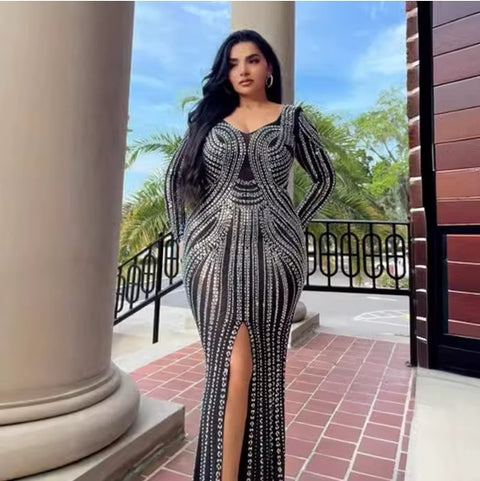 New Rhinestone Wrap Hip Large Backless Front Split Stretchy Long Dress CODE: KAR4106