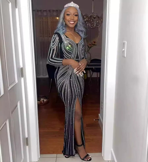 New Rhinestone Wrap Hip Large Backless Front Split Stretchy Long Dress CODE: KAR4106