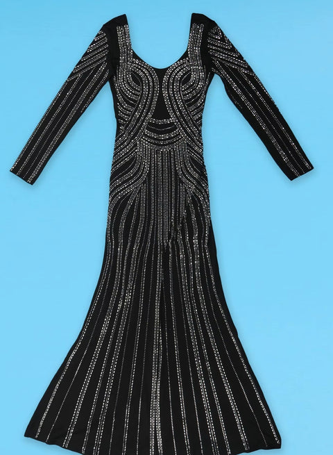 New Rhinestone Wrap Hip Large Backless Front Split Stretchy Long Dress CODE: KAR4106