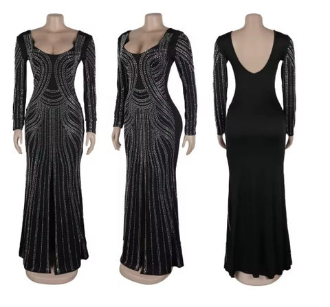 New Rhinestone Wrap Hip Large Backless Front Split Stretchy Long Dress CODE: KAR4106