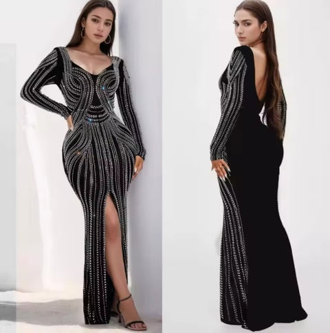 New Rhinestone Wrap Hip Large Backless Front Split Stretchy Long Dress CODE: KAR4106