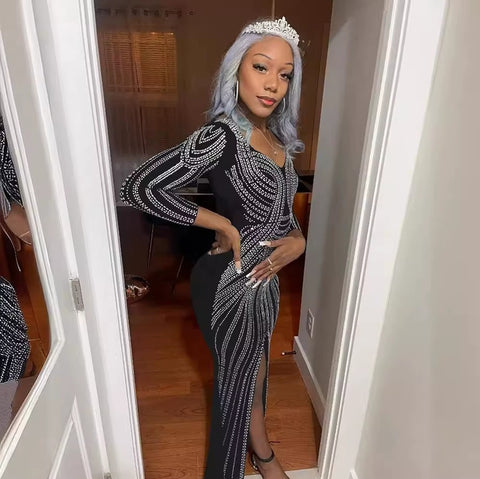 New Rhinestone Wrap Hip Large Backless Front Split Stretchy Long Dress CODE: KAR4106