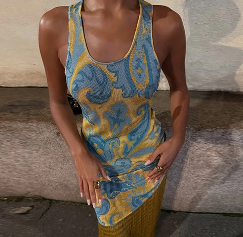 New Printed Slim Sleeveless Long Dress CODE: KAR4117