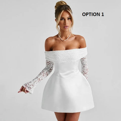 New Fashion One-Shoulder Lace Splice Long Sleeve Mini Dress CODE: KAR4121