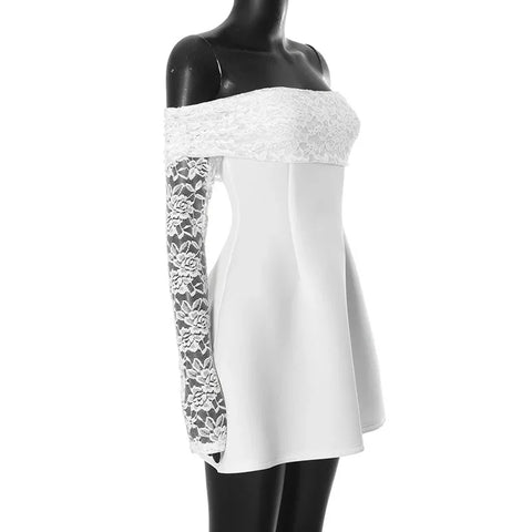 New Fashion One-Shoulder Lace Splice Long Sleeve Mini Dress CODE: KAR4121