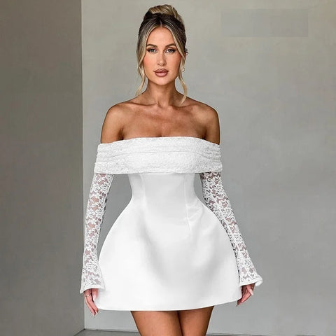 New Fashion One-Shoulder Lace Splice Long Sleeve Mini Dress CODE: KAR4121