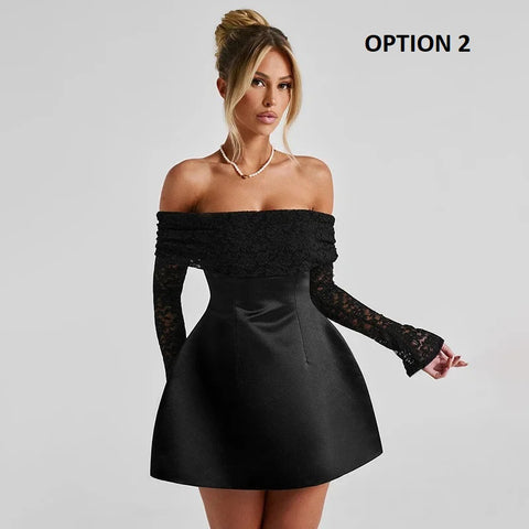 New Fashion One-Shoulder Lace Splice Long Sleeve Mini Dress CODE: KAR4121