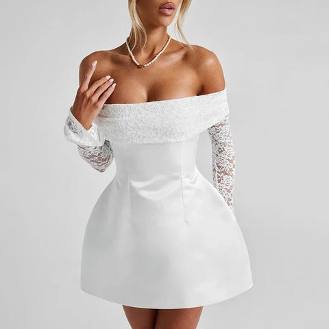 New Fashion One-Shoulder Lace Splice Long Sleeve Mini Dress CODE: KAR4121
