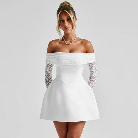 New Fashion One-Shoulder Lace Splice Long Sleeve Mini Dress CODE: KAR4121