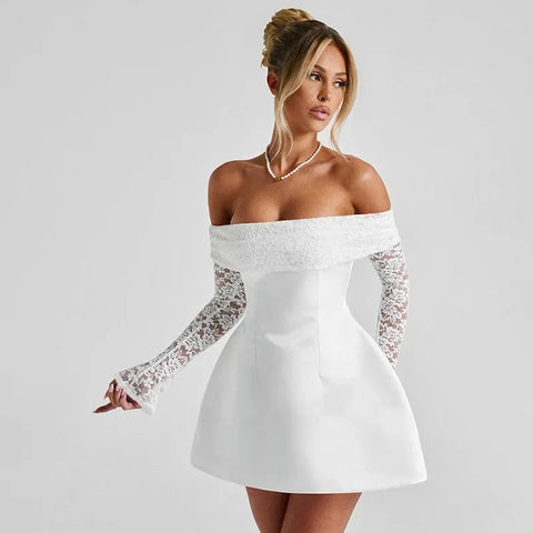 New Fashion One-Shoulder Lace Splice Long Sleeve Mini Dress CODE: KAR4121