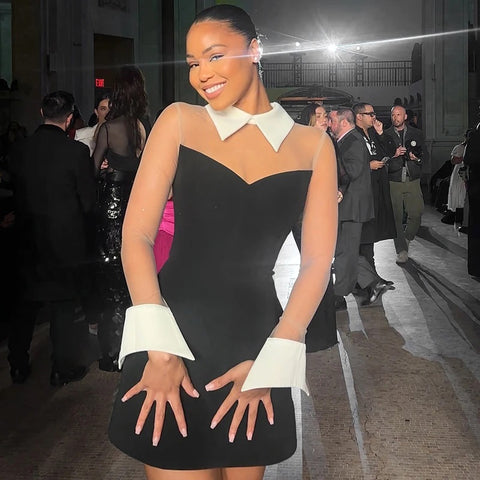 New Fashion Lapel Mesh Patchwork Zipper Slim Dress CODE: KAR4123