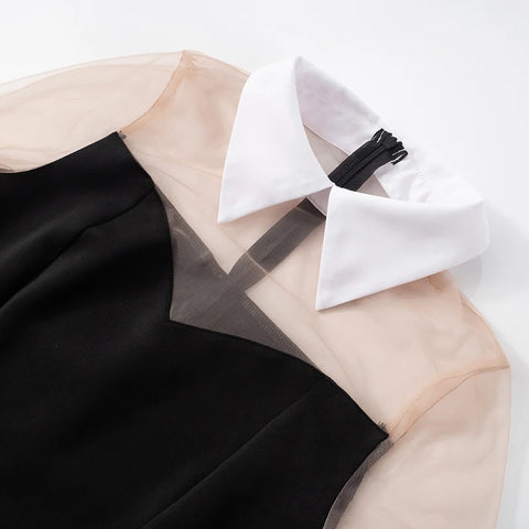 New Fashion Lapel Mesh Patchwork Zipper Slim Dress CODE: KAR4123