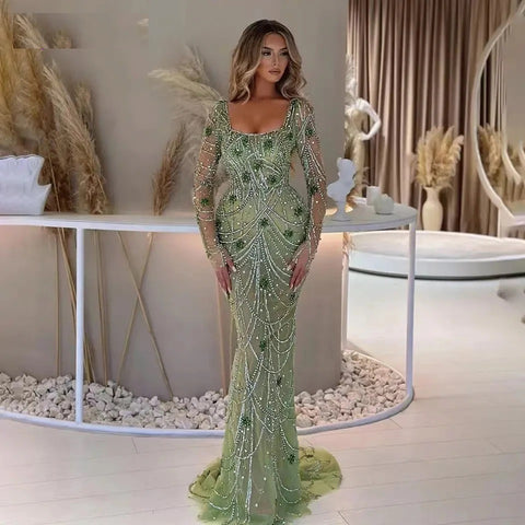 New Fashion Square collar Crystal Beads Sleeves Mermaid Gown Long Dress CODE: KAR4124