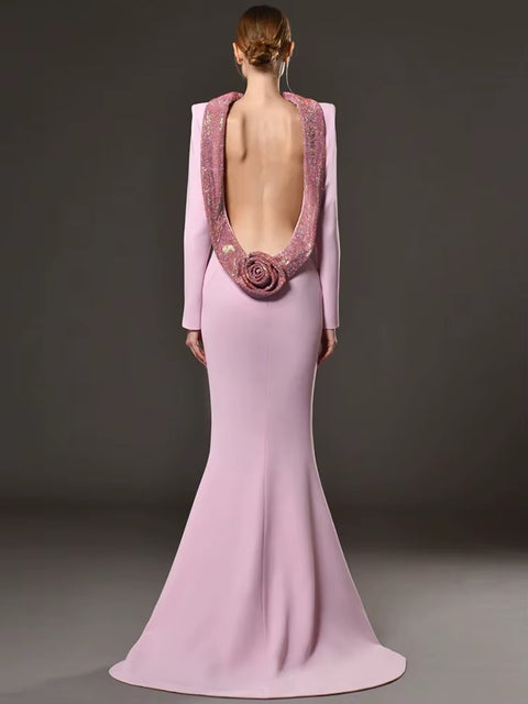 New Fashion Backless Diamonds Stereoscopic Flowers Long Maxi Dress CODE: KAR4126