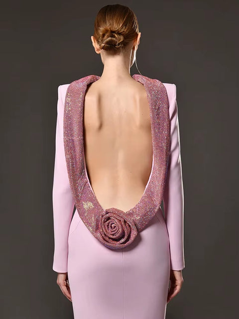 New Fashion Backless Diamonds Stereoscopic Flowers Long Maxi Dress CODE: KAR4126