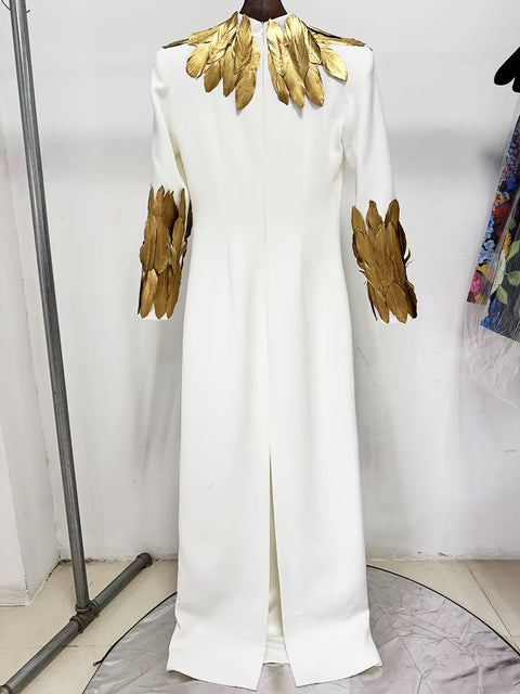 New Fashion Color Slimming Spliced Glod High Neck Long Sleeves Temperament Dress CODE: KAR4127