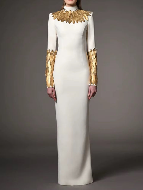 New Fashion Color Slimming Spliced Glod High Neck Long Sleeves Temperament Dress CODE: KAR4127