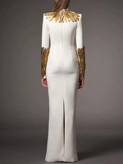 New Fashion Color Slimming Spliced Glod High Neck Long Sleeves Temperament Dress CODE: KAR4127