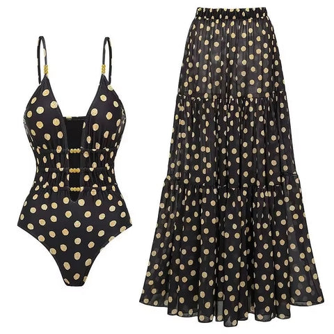 New Fashion V-Neck Polka Dot One-Piece Swimsuit Set CODE: KAR4128
